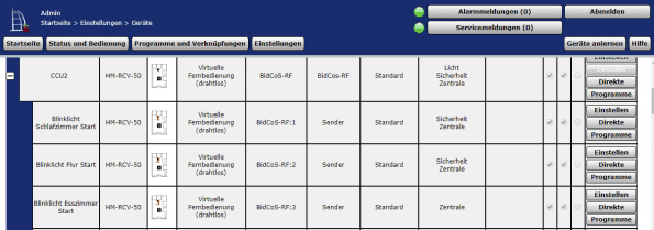 Homematic Blinklicht virtuelle Tasten benennen